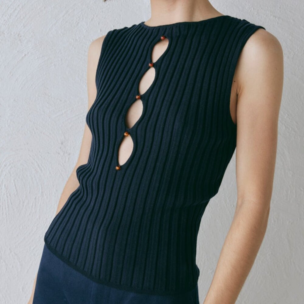 VRG GRL Billie Knit Top Navy -- Size L, NWT